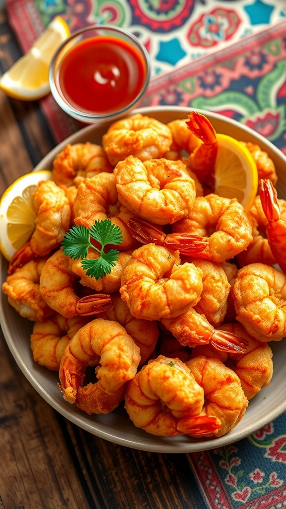 Crispy Southern fried shrimp on a plate with cocktail sauce and lemon wedges.